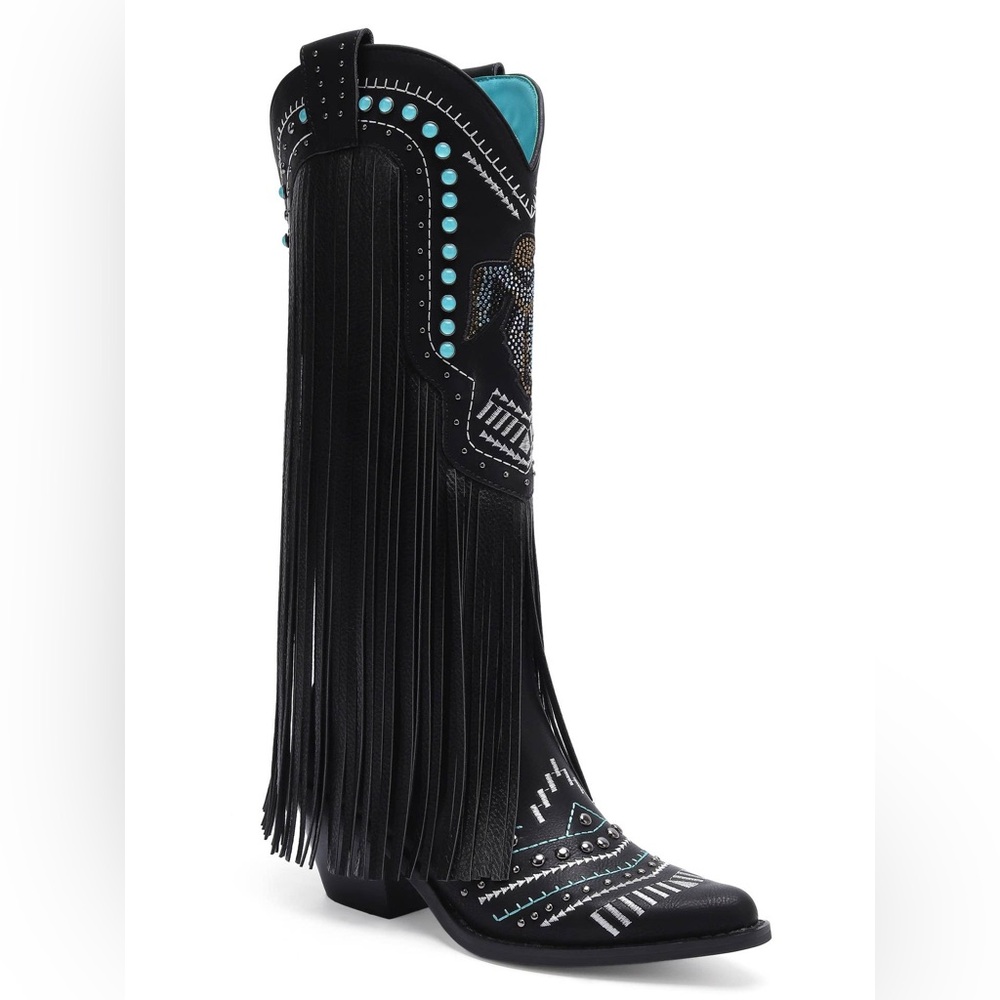 BEAST Adela Black & Turquoise Studs Rhinestones Fringe Embellished Western Boot